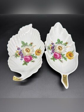OLD NUREMBERG LEAF DISH Bavaria Germany Flowers Candy 10” Gold Stem Vintage (2)